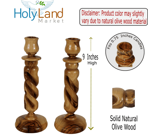 Candelabros de madera de olivo del Mercado de Tierra Santa - Candelabros de 9 pulgadas, tallados a mano en Belén, grano natural de remolino inspirador, artesanía familiar cristiana, copa de 0.75 pulgadas