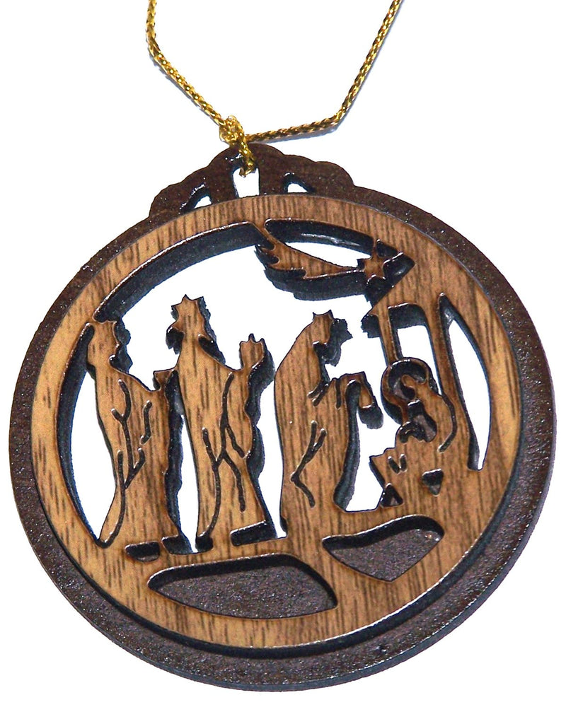 Holy Land Market Two Layers Mahogany with Olive Wood Magi offering Gifts to The New Born Messiah Ornament Gift Carved by Laser - Olive Wood (6.5 cm or 2.6 inch with Certificate) and Gold String