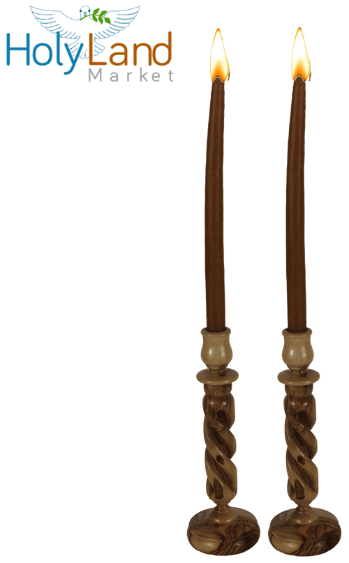 Candelabros de madera de olivo inspiradores de 9 pulgadas de altura del Mercado de Tierra Santa - Candelabros de vela tallados a mano de Belén - Alta calidad por familia cristiana - Detalle de grano natural de remolino