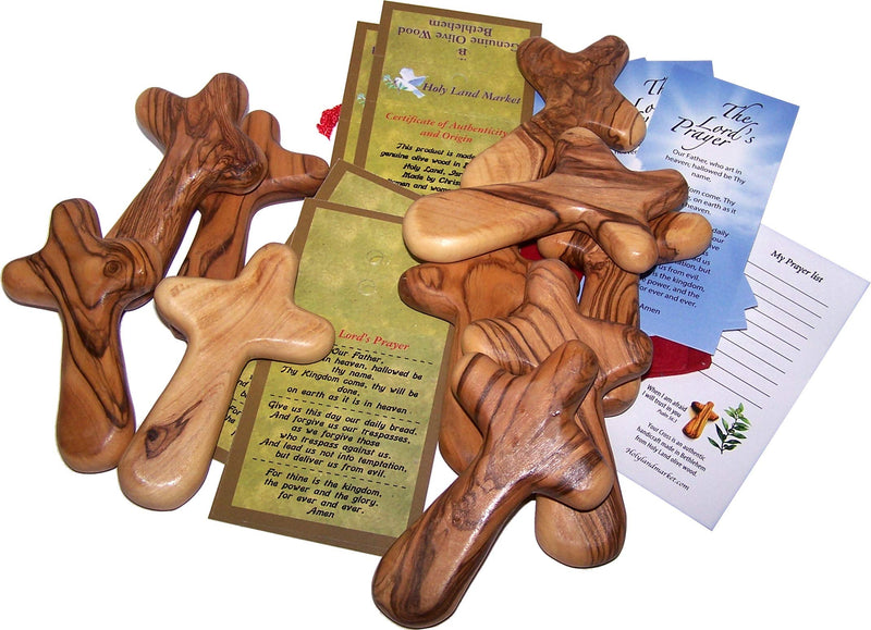 Ten Olive Wood Comfort Crosses with Velvet Bags & Lord's Prayer Card - The Holding or Hand Cross (4 inches) - Large