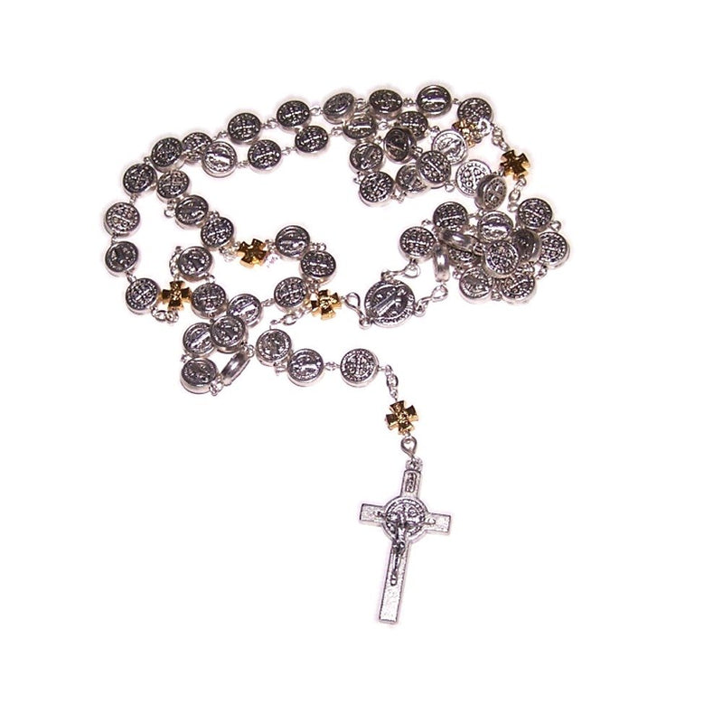 Rosary with Silver Tone Saint Benedict center and beads - Organza bag and Cer...