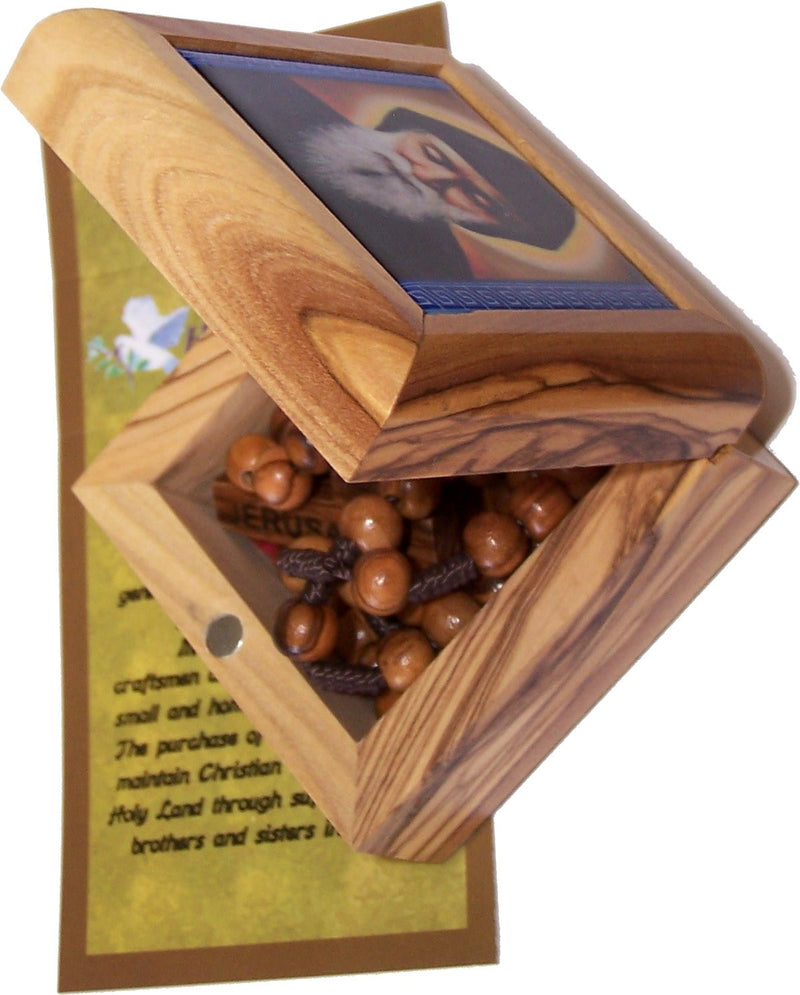 Holy Land Market Olive Wood Rosary and Box from Bethlehem (Mar Charbel - Lebanese Saint)