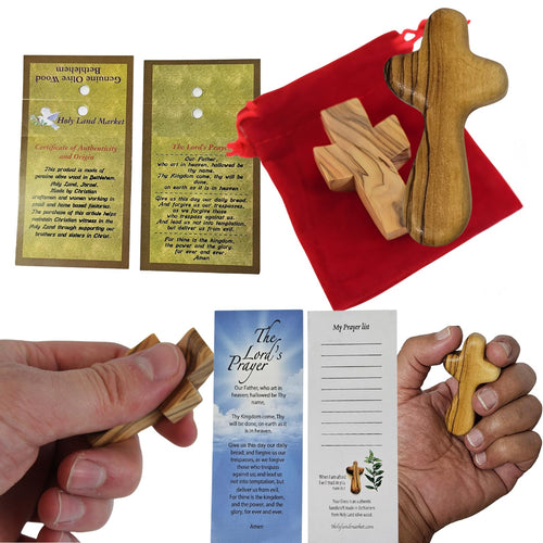 Juego de confort de madera de olivo tallado a mano del Mercado de Tierra Santa – Hecho por artesanos cristianos en Belén – Cruces de 5 cm y 6.4 cm con bolsa de terciopelo, certificados y tarjetas de oración – Regalo de fe auténtico de la Tierra Santa
