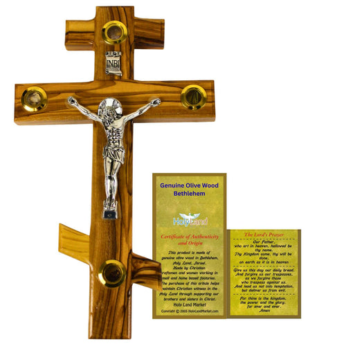 Olive wood three bar Russian crucifix with certificate of authenticity and prayer cards