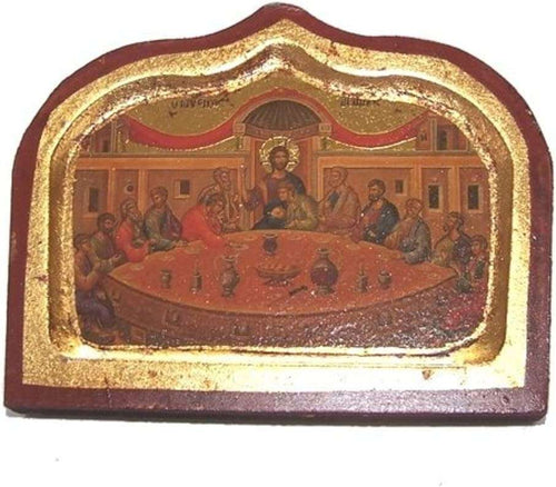 Close front view of gold-leaf Last Supper icon showing distressed gilding