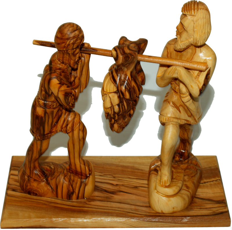 Caleb and Joshua (Hoshea) bringing the fruit of the Land - carved in olive wood (20 x 20 x 9 cm or 8 x 8 x 3.5 Inches)