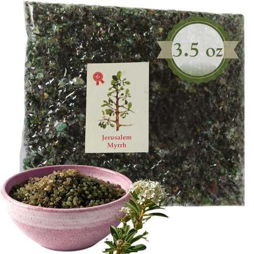 Sealed bag of dark green myrrh granules with pink bowl and myrtle sprig #color_myrrh
