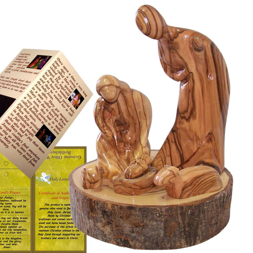 Escena Navideña de Madera de Olivo Tallada a Mano de 7” – Conjunto de la Sagrada Familia en Una Pieza por Artesanos Cristianos de Belén – Pesebre de Tierra Santa con Certificado, Tarjeta de Oración y Folleto de la Historia de la Natividad (7 Pulgadas)