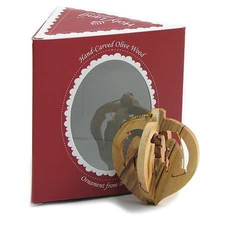 Adorno de nacimiento de madera de olivo en forma de corazón con caja de regalo