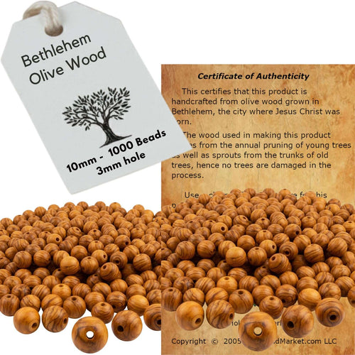 Holy Land Market Bethlehem 10mm Smooth Olive Wood Beads (1000-Piece Bag) – Hand-Carved by Christian Artisans – Natural Dried Olivewood for Rosaries, Jewelry Making & Crafts