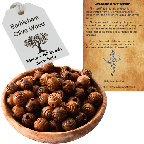 Holy Land Market Olive Wood Rosary Beads – 14mm Hand-Carved Round Beads from Bethlehem (60 pcs)