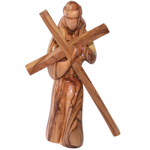 Estatua de Jesús cargando la cruz de madera de olivo del Mercado de Tierra Santa – Figura de 14 cm con cruz de 15.2 cm tallada a mano en Belén por artesanos cristianos – Incluye certificado de autenticidad y tarjeta de oración