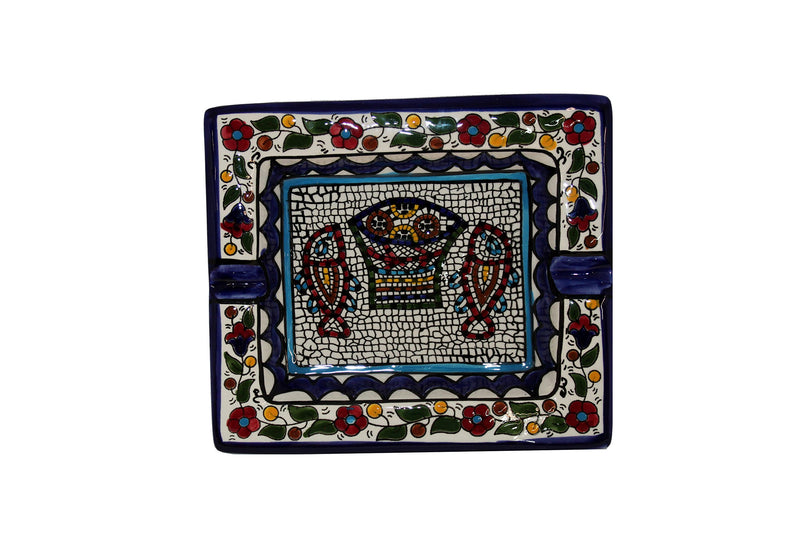 Holy Land Market Ceramic Ashtray with Fish and Loaves - Tabgha or Miracle of Multiplication (Fish and Bread) Design (18 x 16 cm OR 7 x 6.3 Inches) - Asfour Outlet Trademark