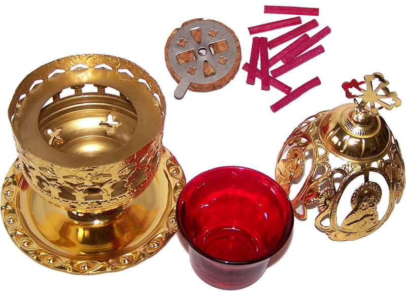 Holy Land Market Brass Oil Lamp - Church Supplies and Accessories - with Oil Glass Cup and Wicks and Floaters