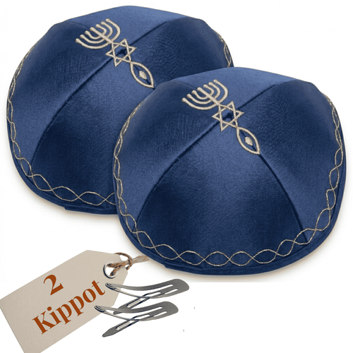 Kippah Judío Mesianico Bordado para Hombres del Mercado de Tierra Santa - Satén Azul Marino con Dorado, 6.5 Pulgadas