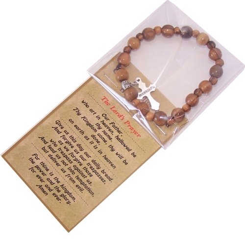 Elastic Olive wood religious bracelet with Silver tone Crucifix packed as a gift with special Certificate of Authenticity and origin and a FREE Lord's Prayer gift card
