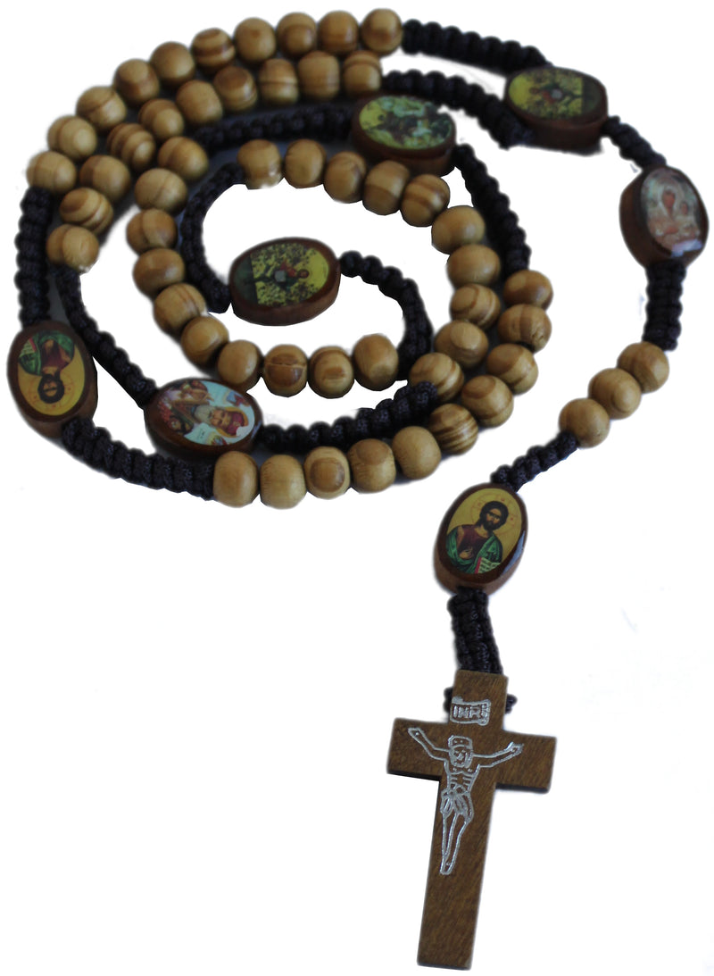 Tan Wooden Beads Rosary with Enamelled Icons Beads with Jesus Imprint Cross