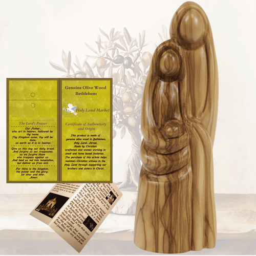 Mercado Tierra Santa Sagrada Familia de madera de olivo 6.8” – Estatua de nacimiento tallada a mano de Belén con folleto, certificado y tarjeta de oración – Decoración navideña cristiana