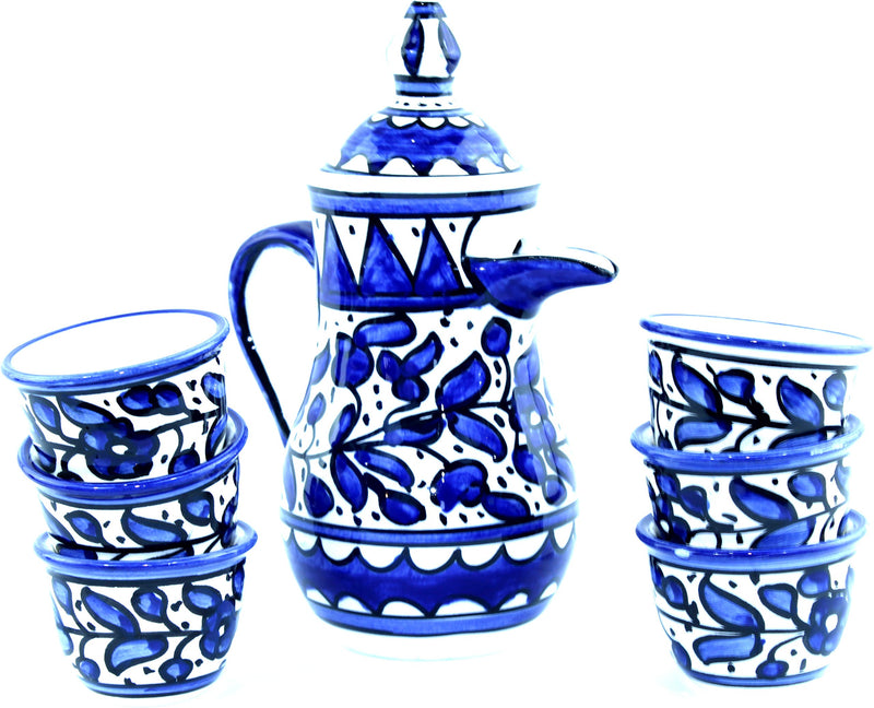Ceramic Coffee Set - Blue Flower design (8.7 Pot & 1.6 Inch each Cup or 22 & 4.05 cm) - Asfour Outlet Trademark