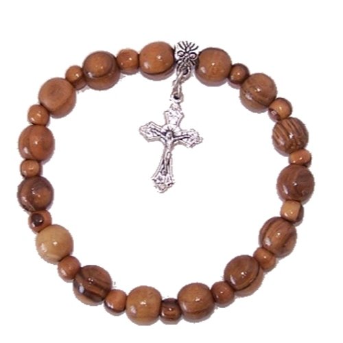 Elastic Olive wood religious bracelet with Silver tone Crucifix packed as a gift with special Certificate of Authenticity and origin and a FREE Lord's Prayer gift card