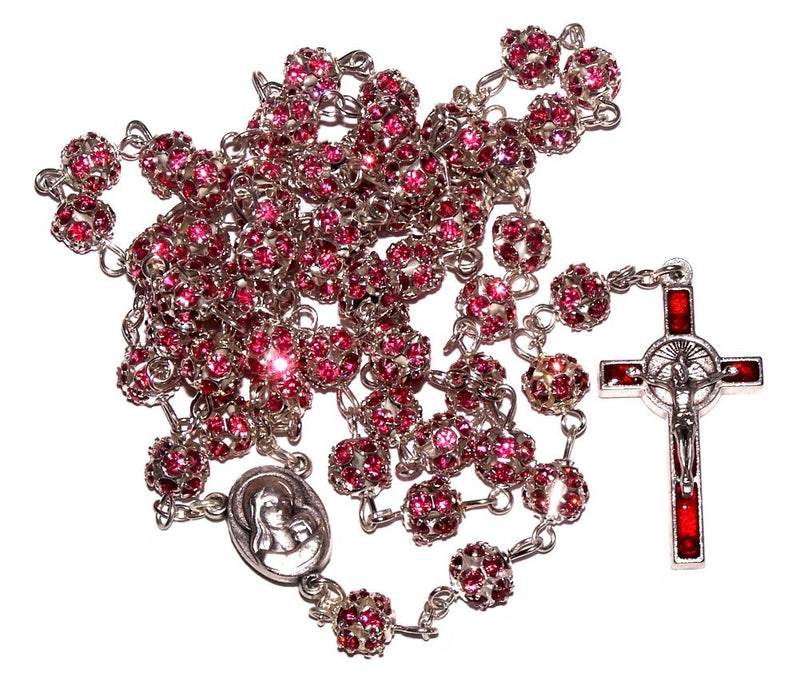 Multi Faceted Crystals Rosary - 8mm Crystal Rosary with Silver Tone Alpaca chain, Holy Land Soil and special Crucifix (Pink)