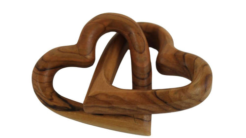 Handcrafted olive wood double heart sculpture