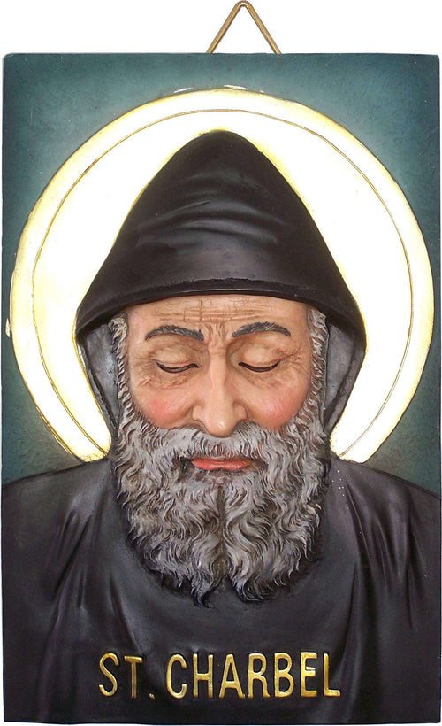 Mercado de Tierra Santa Ícono en Relieve 3-D de Mar Charbel (San Charbel - Santo Maronita) Placa de Poliresina (29 x 19 x 2.5 cm o 11.5 x 7.5 x 1 pulgadas)