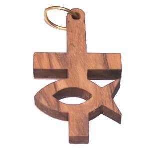 Péndulo de pez y cruz de madera de olivo con láser (6 cm o 2.36" de largo)
