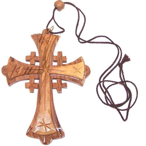 Collar de cruz de Jerusalén de madera de olivo de grado A grande (4 pulgadas - El cordón se puede ajustar)