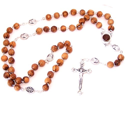 Olive Wood Beads Rosary Made with Silver Tone Our Father Beads and Soil Rosary Center from The Holy Land. Comes with Gift Bag and Certificate