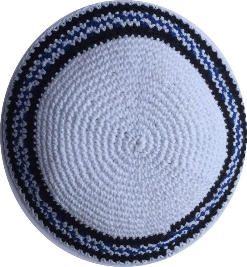 Holy Land Market White/Black and Royal Blue Lines 17cm DMC 100% Knitted Cotton Kippah Jewish