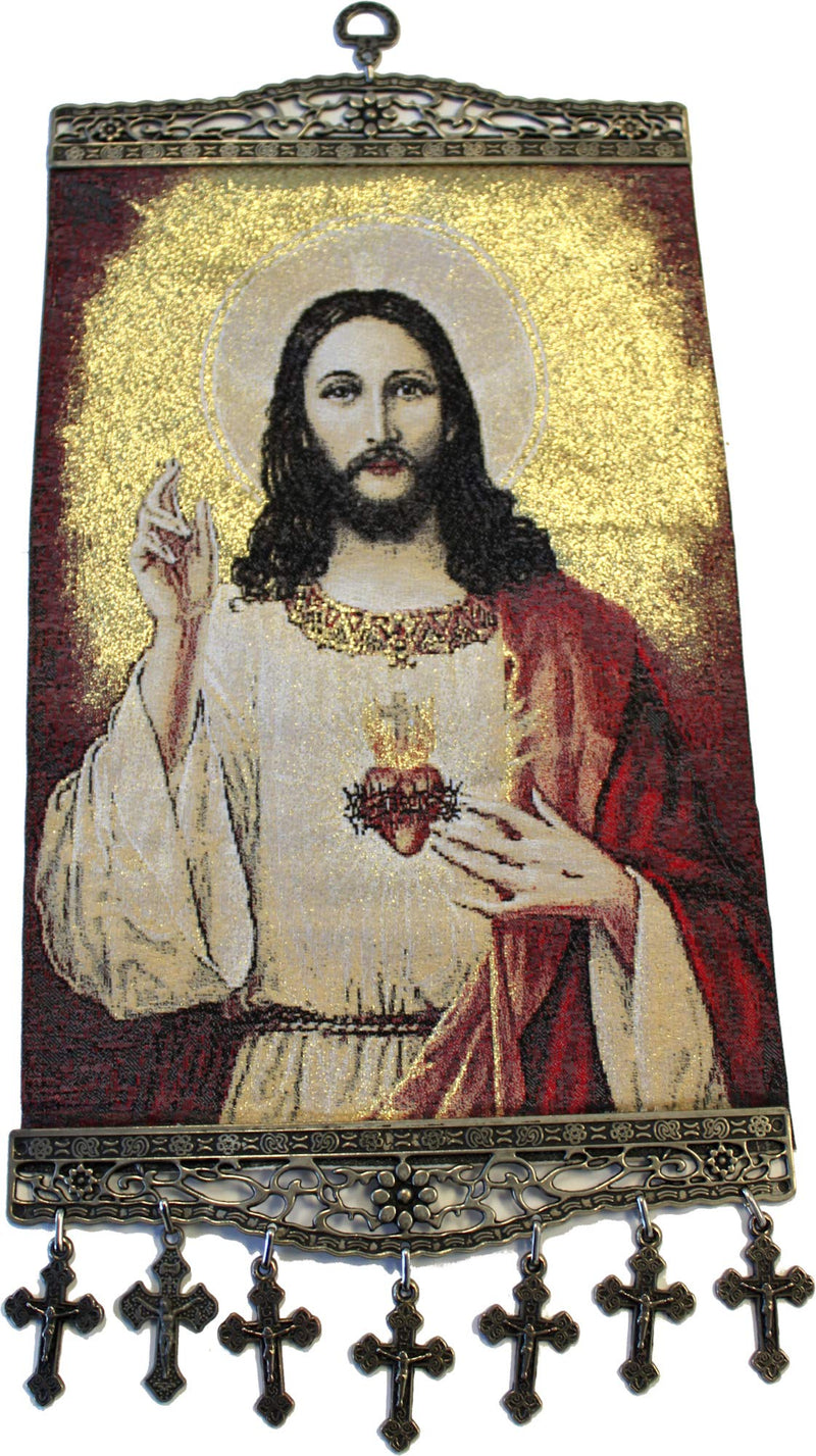 Holy Land Market Extra Large Wall Hanging Tapestry of The Sacred Heart of Jesus - with Heat Printing on Synthetic Cloth Decorated (17.5 x 8 Inches)