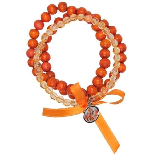 Tres pulseras elásticas en una Pulsera con medalla de nuestra Señora de Guadalupe - Todo naranja (perlas de 8mm)