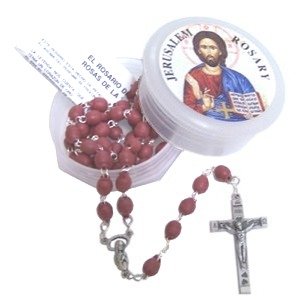Jerusalem Rose Petals Rosary with Rosary box and a certificate in two languages. The original Rose petals Rosary made wi