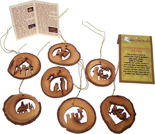 Mercado de Tierra Santa Set Completo de Adornos de Corteza de Madera de Olivo de 7 Piezas - Decoraciones Navideñas de Madera Natural Inspiradoras, Talladas a Mano en Belén - Adornos y Decoraciones Navideñas Únicas del Relato del Nacimiento