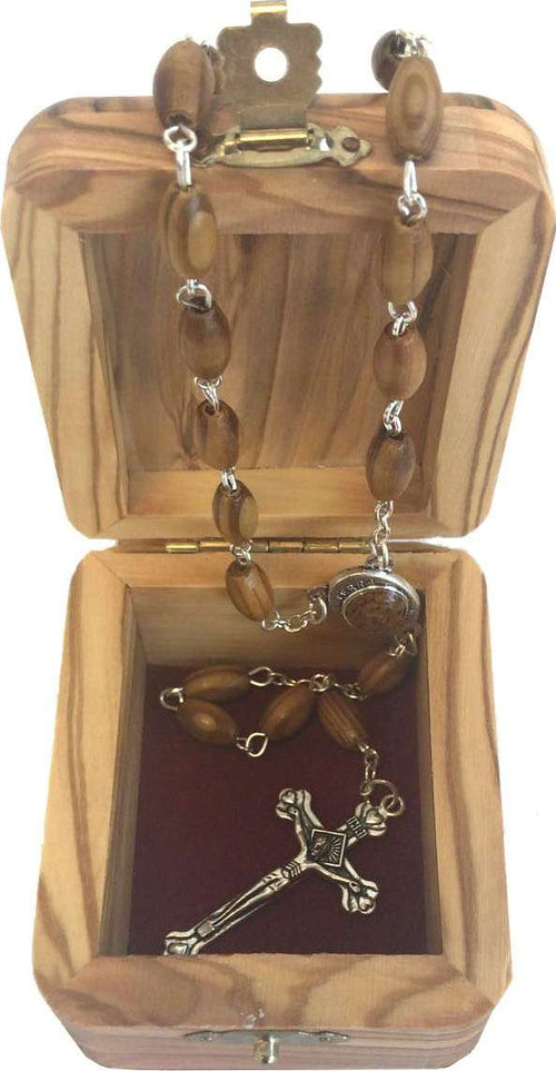 Rosario y Caja de Cruz de Madera de Olivo de Jerusalén - Hecho en Belén