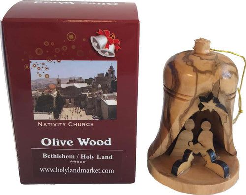 Adorno de nacimiento de campana de madera de olivo con caja de regalo (aproximadamente 4 pulgadas de alto)