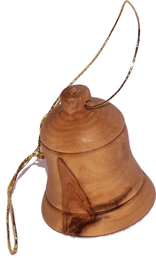 Single olive wood bell ornament with gold hanging cord, close-up