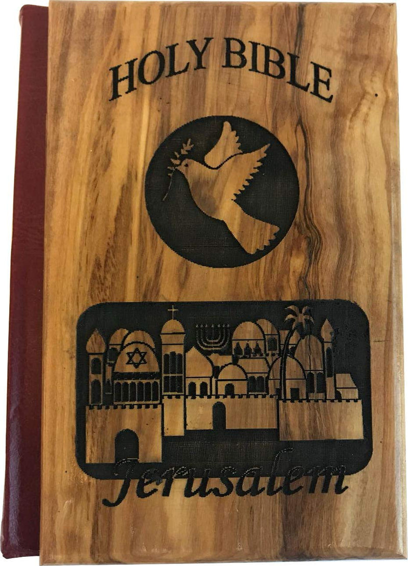 Jerusalem Bible, Olive Wood Cover carved with Dove with Jerusalem view (English, 1094 pages)