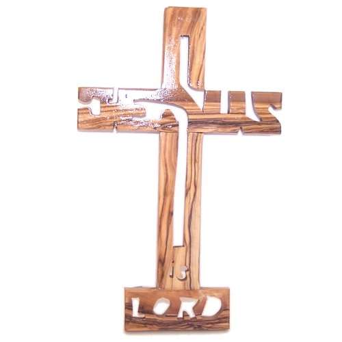 Cruz de madera de olivo JESÚS es SEÑOR de la Tierra Santa - Colgante (22.5 cm o 9 pulgadas) con certificado