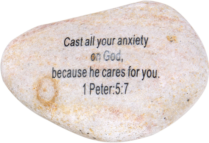 Holy Land Market Extra Large Engraved Inspirational Scripture Biblical Natural Stones Collection - Stone II : 1 Peter 5:7 :" Cast All Your Anxiety on God, Because he Cares for You.