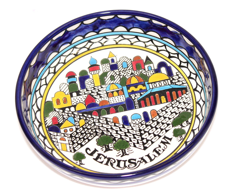 Jerusalem City Walls and Gates View Armenian Ceramic Bowl - Medium (9.2 inches in Diameter and 1.5 Inches deep) - Asfour Outlet Trademark