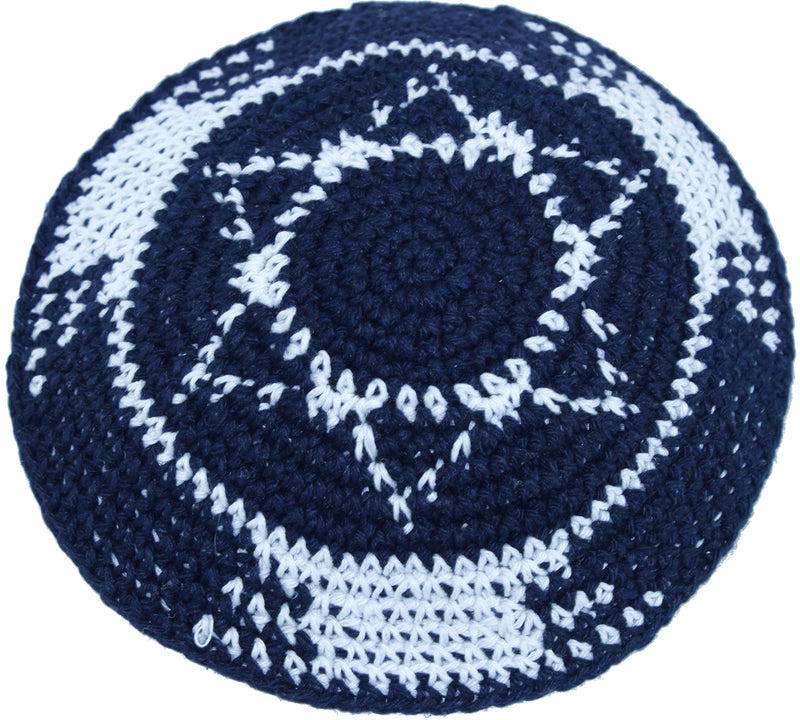 Holy Land Market Dark Blue/White with Star of David17cm DMC 100% Knitted Cotton Kippah Jewish