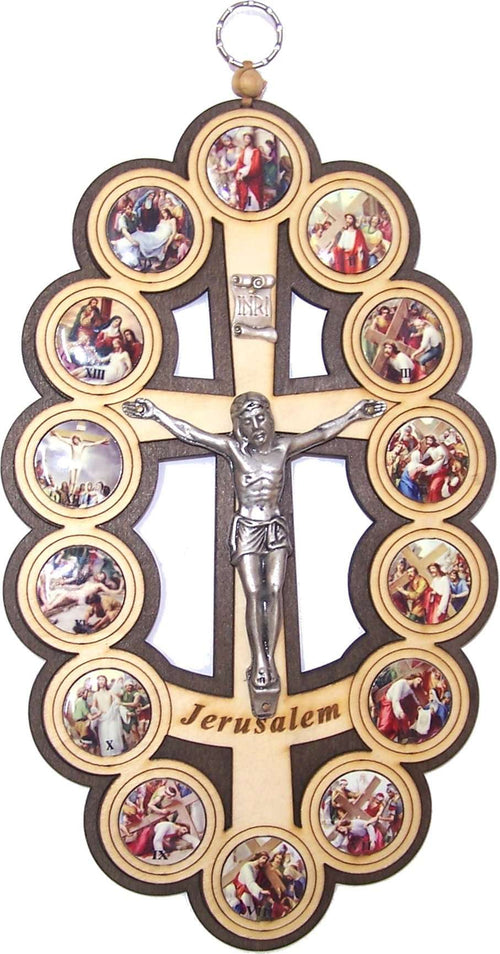 Two colors/tones wooden Crucifix - icon showing 14 Stations of the Cross from Bethlehem
