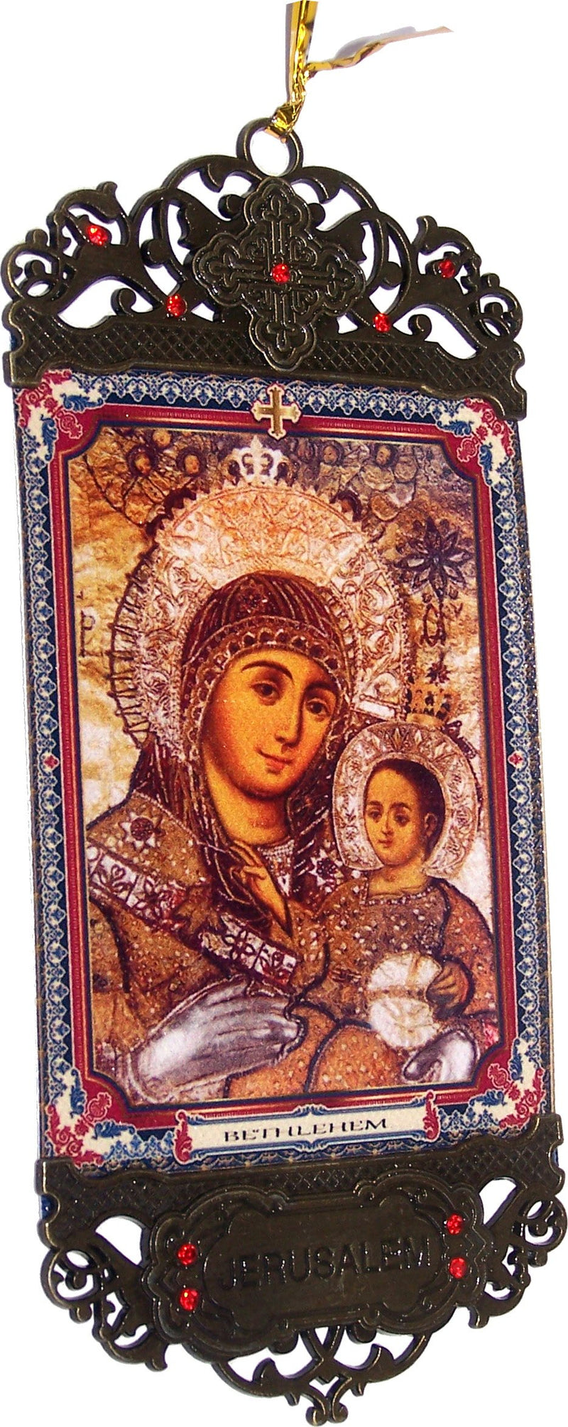 Mary of Bethlehem Icon ( Mary with Child ) wall hanging heat printing on synthetic cloth decorated ( 16 x 7 cm OR 6.5 x 2.8 Inches )