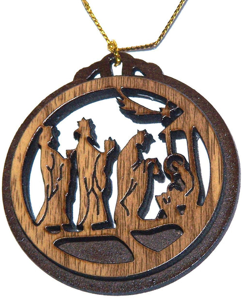 Adorno de regalo de los Reyes Magos de dos capas de caoba con madera de olivo ofreciendo regalos al Mesías recién nacido tallado por láser - Madera de olivo (6.5 cm o 2.6 pulgadas con certificado) y cuerda dorada