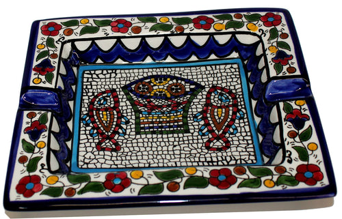 Ceramic Ashtray with Fish and Loaves - Tabgha or Miracle of Multiplication (Fish and Bread) Design (18 x 16 cm OR 7 x 6.3 Inches) - Asfour Outlet Trademark