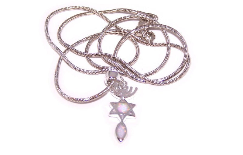 Messianic Seal symbol with White created Opal Stones - Rhodium plated (2.5 cm - 1 inch - 20 Inch Chain)