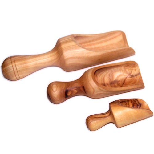 Handcrafted Olive Wood Salt Spoons or Scoops/Shovels Set - 3 Sizes (3 to 7 Inches) - Asfour Outlet Trademark
