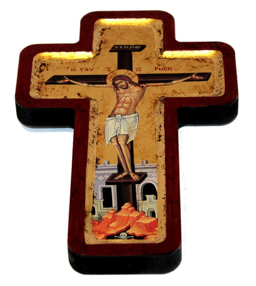 Crucifixion Cross Icon with sheets of Gold (Lithography) (9.5 x 6 inches)